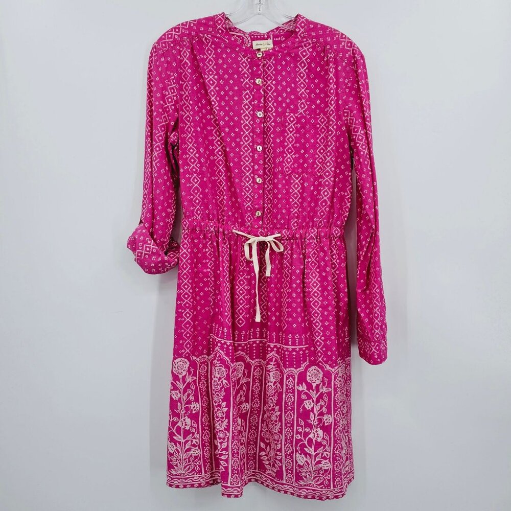 Anthropologie Meadow Rue Shirtdress 8 Pink White Anila Long Roll Tab Sleeve Boho
